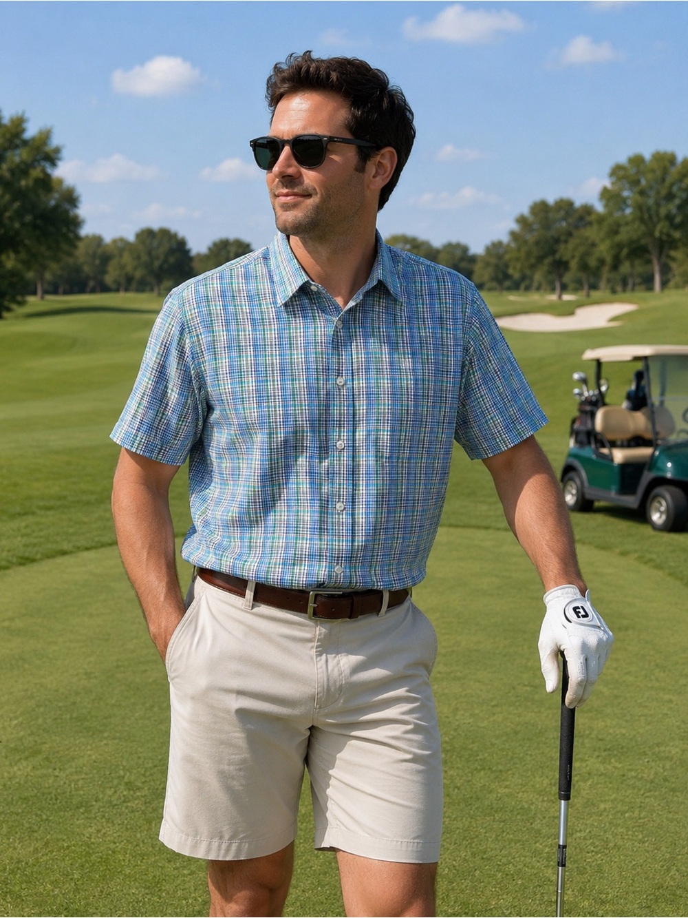 Peter Millar Short-Sleeve Plaid Button-Down Shirt in Blue and Green